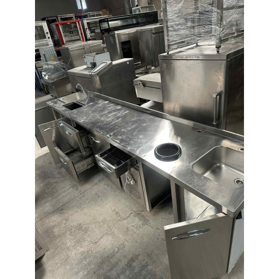 Μεταχειρισμένο Ψυχόμενο Πόστο καφέ 340Χ70Χ86 με 2 Γούρνες, ρινσερ και θέση για κάδο